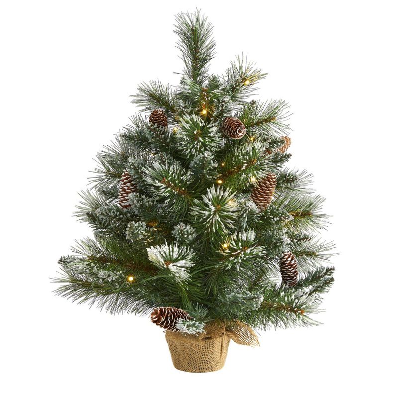 2ft Nearly Natural Pre-Lit LED Frosted Pine Artificial Christmas Tree Clear Lights in Burlap Base, 1 of 9