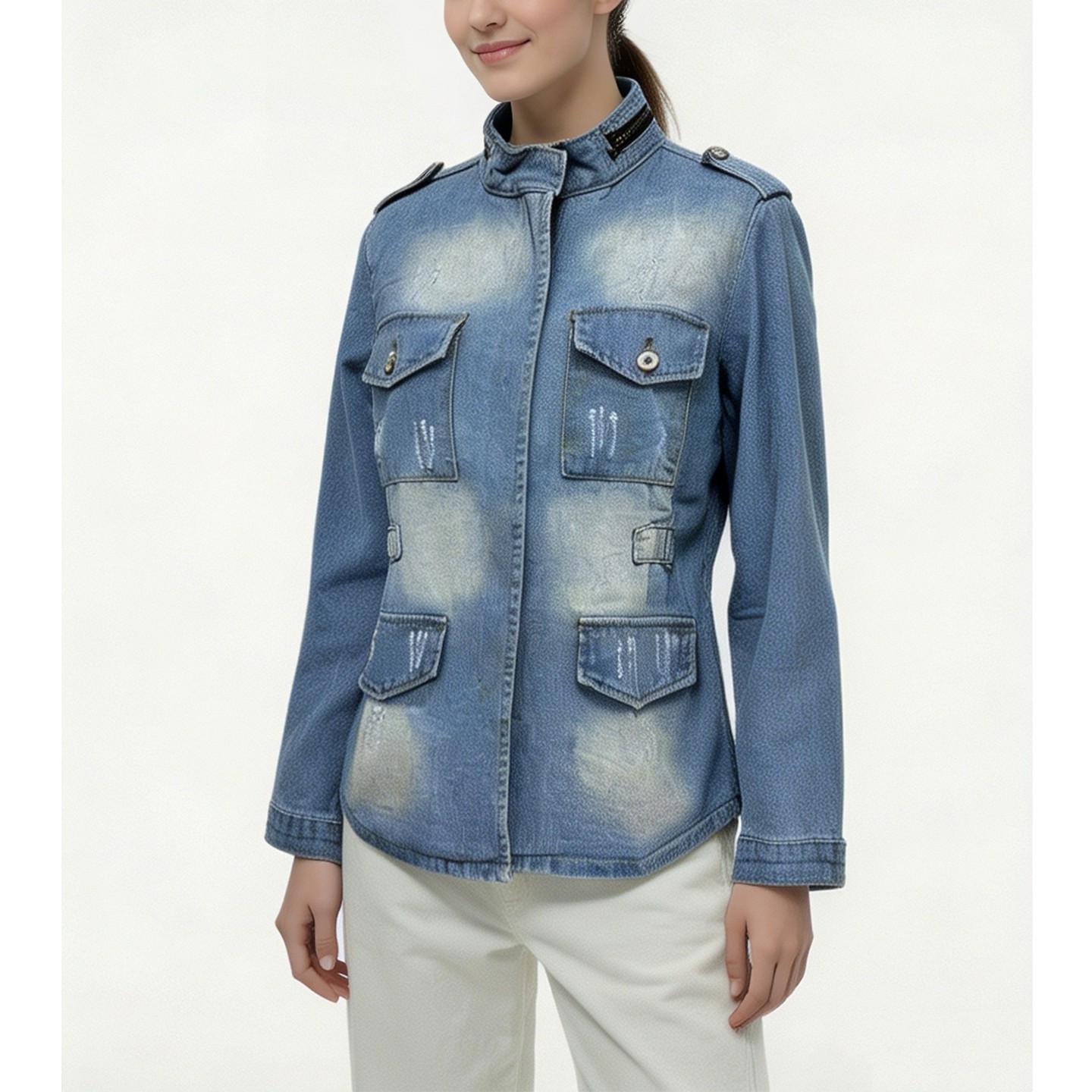 Женская куртка EadianDree Women Denim Jacket Stand Collar Epaulet Button Front Multiple Flap Pockets Outerwear, цвет: Джинсовый — фото 1