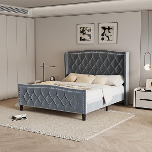 Queen Size Upholstered Platform Bed with Wingback Headboard and Wood Slat Support - 1 of 4