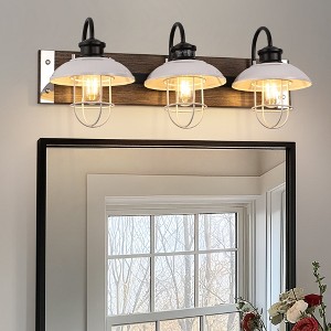 YANSUN 24 in. 3 Light Chrome and Wood Grain Modern Unique Bell Vanity Light for Bathroom, Kitchen with White Metal Shades - 1 of 1