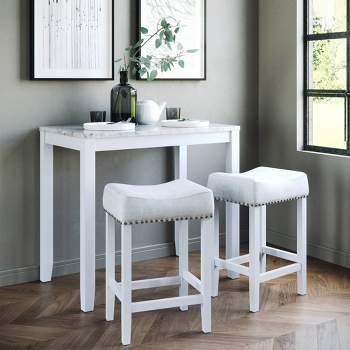 38" Solid Wood Pub Dining Table and Stool Set White Marble/Light Gray Linen - Nathan James