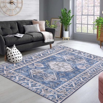 Blue Floral Print Rug, Low Pile Indoor Carpet with Non-Slip Backing, Washable & Stain Resistant for Living Room, Bedroom, Kitchen