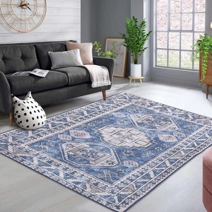 Blue Floral Print Rug, Low Pile Indoor Carpet with Non-Slip Backing, Washable & Stain Resistant for Living Room, Bedroom, Kitchen - 1 of 4