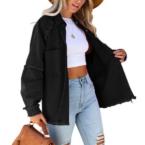 Women's Long Sleeve Oversized Denim Jacket Casual Fall Button Down Frayed Hem Lapel Loose Fit Shirts Coat With Pocket - 1 of 2