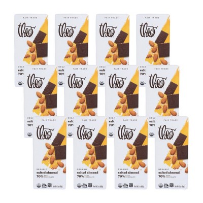 Theo Chocolate Organic Salted Almond 70% Dark Chocolate Bar - Case of 12/3 oz