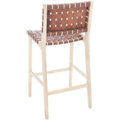 Cognac Leather and Natural Wood Counter Stool