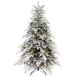 6ft Artificial Prelit Christmas Tree with Warm White LED Light and Snow Flocked Branches, Metal Base - 1 of 4