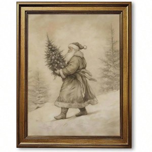 Vintage Wall Art Neutral Sketch Santa Claus Holding Tree Poster Farmhouse Picture Wall Decor Winter Forest Holiday Canvas Print - 1 of 4