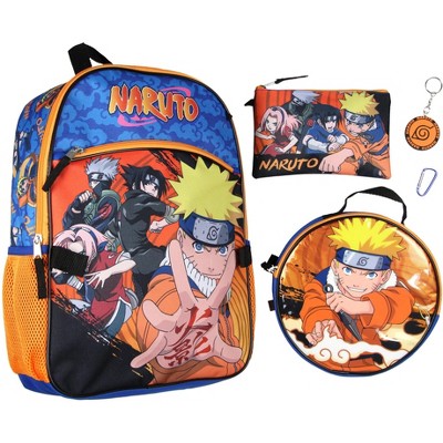 Naruto Anime Character Group 16" Youth 5-Piece Backpack Set For School Or Travel With Lunch Tote Pencil Case Rubber Keychain Zipper Pull Carabiner