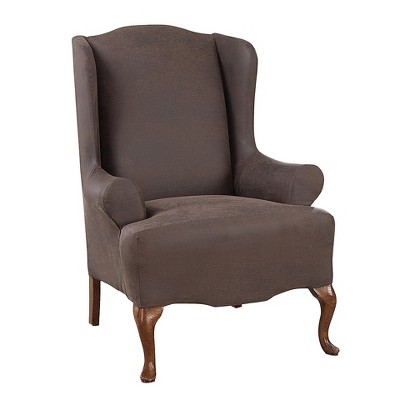 Ultimate Stretch Leather Wing Chair Slipcover Brown - Sure Fit