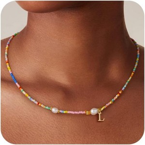 14K Gold Plated Beaded Necklace Boho Initial Pearl Pendant Teen Gift - 1 of 4