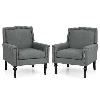 Tangkula Mid-Century Modern Accent Chair Set of 2 Grey Linen Fabric Upholstered Armchair w/Rubber Wood Legs Nailhead Trim Max Load 440 Lbs Grey
