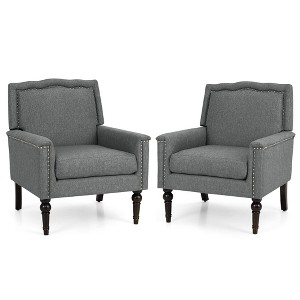 Tangkula Mid-Century Modern Accent Chair Set of 2 Grey Linen Fabric Upholstered Armchair w/Rubber Wood Legs Nailhead Trim Max Load 440 Lbs Grey - 1 of 4