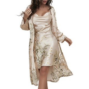 Nightgown and Robe Set for Women Floral Print Nightshirt Soft Lightweight Duster Robe Silk Satin Bathrobe Pajamas Set Cami Sleepwear - 1 of 4