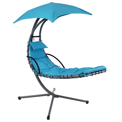 Sunnydaze Outdoor Hanging Chaise Floating Lounge Chair with Canopy Umbrella and Stand, Teal