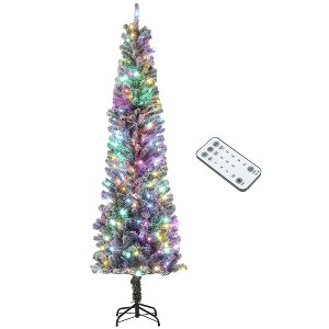 TopComfy Christmas Tree Stand 7.5ft Prelit Pencil Christmas Tree with Snow Flocked Branches, Green, 26.8"*26.8"*88.6" - 1 of 4
