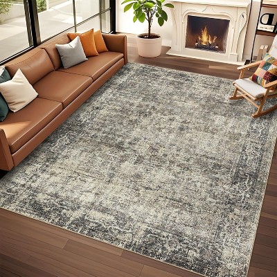 Soft Vintage Washable Runner Rug - Non-Slip Low Pile Boho Farmhouse Carpet for Hallways, Kitchen, Bedroom Laundry Room