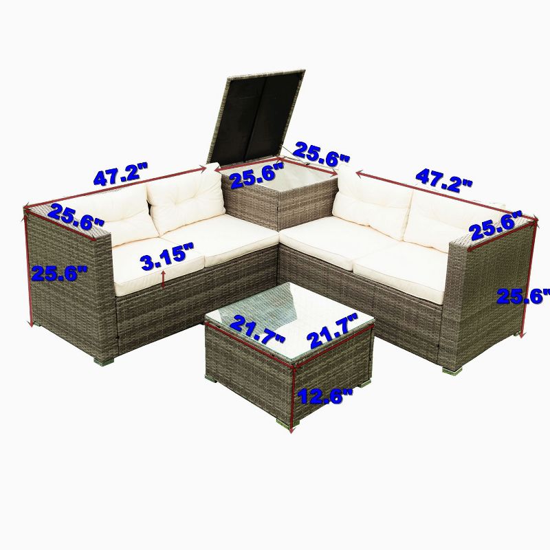4-Piece PE Wicker Rattan Patio Conversation Set, Patio Sectional Sofa Set with Storage Box, Outdoor Furniture - Maison Boucle, 4 of 10