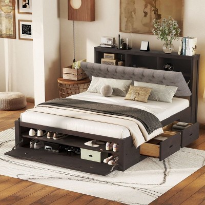 Streamdale Wood Queen Size Platform Bed with Storage Headboard, shoe rack and 4 drawers,Espresso