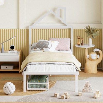 Twin-Size White Metal Platform Bed with House-Shaped Headboard and Storage Drawers