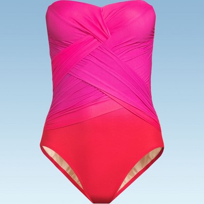 Lands' End Women's Slender Suit Shine Bandeau Tummy Control Chlorine Resistant High Leg One Piece Swimsuit