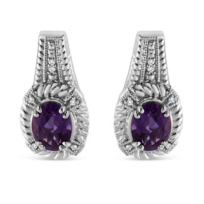 Haus of Brilliance Silver 8x6 MM Oval Purple Amethyst and Diamond Accent Art Deco Style Earrings