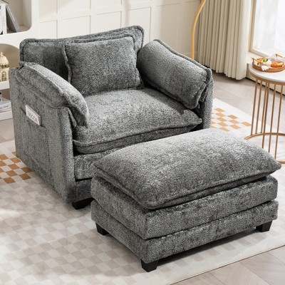 JUJABU Oversized Indoor Boucle Single Sofa with Portable Ottoman, Double Deep Cushions & Thick Wrapped Armrests