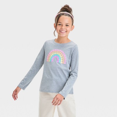 Image of Girls' Long Sleeve 'Smiley Rainbow' Graphic T-Shirt - Cat & Jack™ Gray M