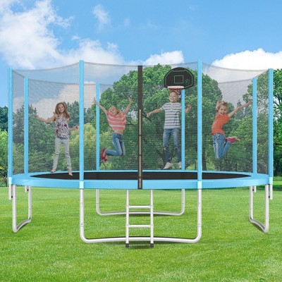Okak 14FT Outdoor Trampolines with Basketball Hoop, Adults Rebounder with Enclosure Net and Ladder, Recreational Trampoline for Garden, Patio