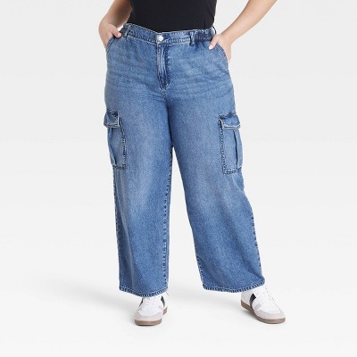 Women's High-Rise Denim Cargo Pants - Ava & Viv™ Medium Wash 20: Relaxed Fit, Full Length, Stretch Cotton, Fly Button Closure