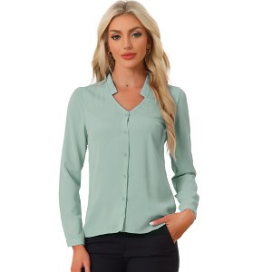 Allegra K Women's Elegant V Neck Work Office Button Up Shirt - 1 of 4
