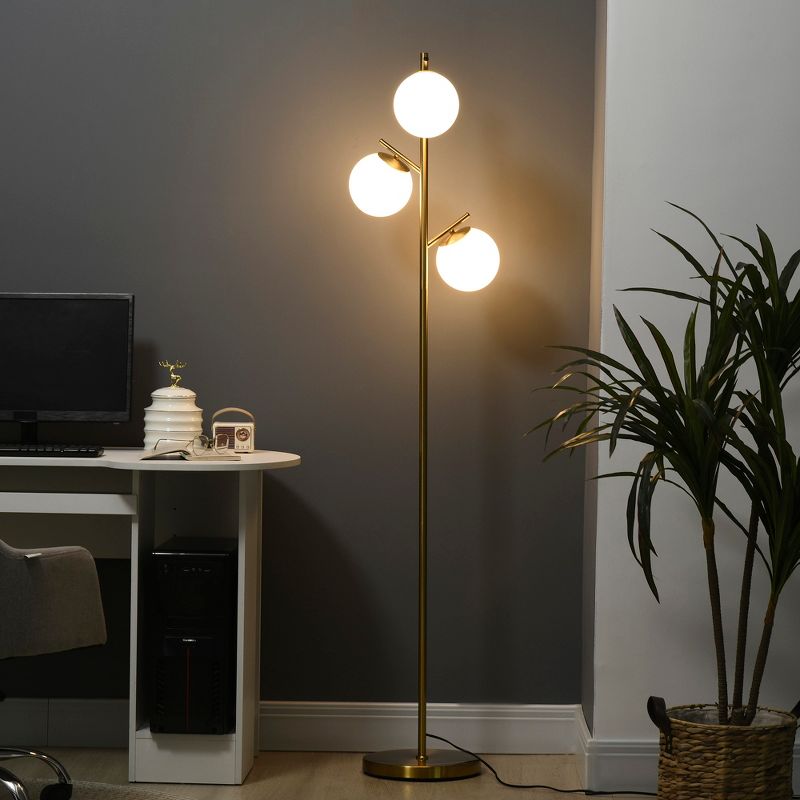 HOMCOM 3-Light Modern Floor Lamp for Living Room Bright Lighting, Tree Standing Lamp for Bedroom with Globe Lampshades, Gold, 4 of 8