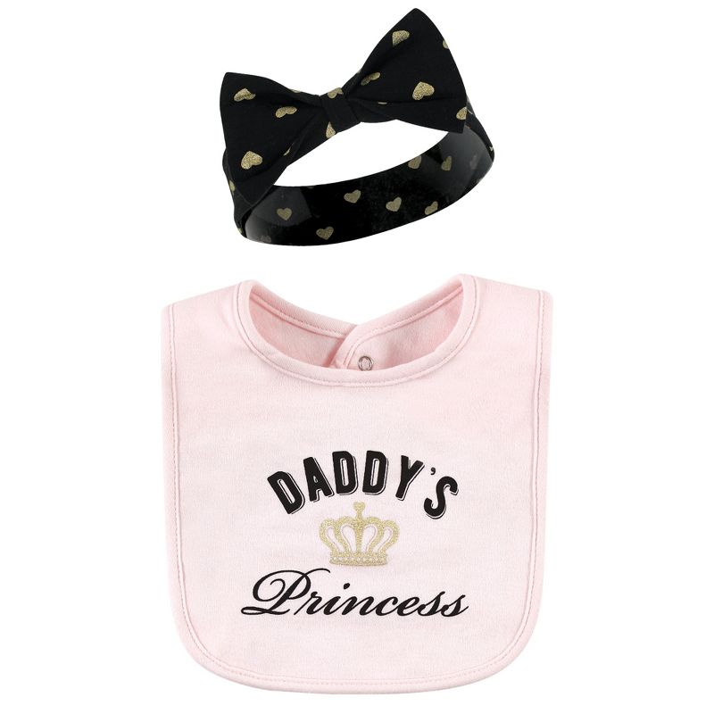 Hudson Baby Infant Girl Cotton Bib and Headband or Caps Set, Daddys Princess, One Size, 3 of 6