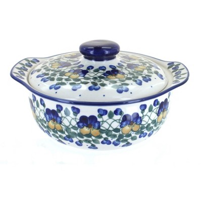 Blue Rose Polish Pottery Pansies Round Covered Baker