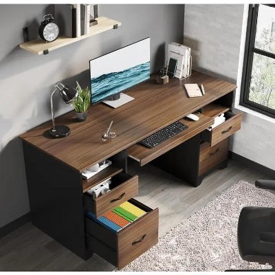 Gray Particle Board Executive Desk with Drawers and Keyboard Tray