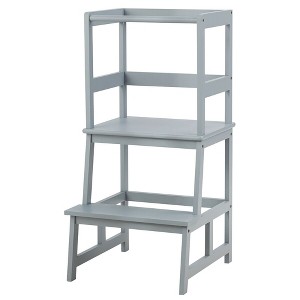 Costway Kids Kitchen Step Stool Wooden Toddler Stand Helper w/ Safety Rail Gray\Brown - 1 of 4