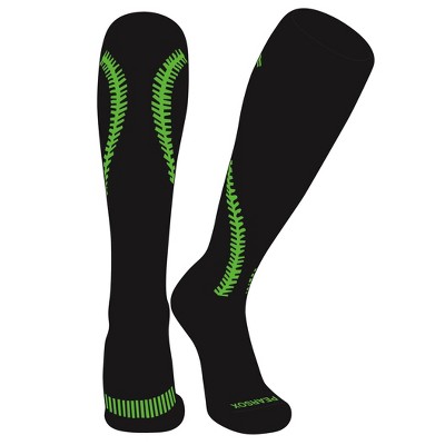 Pear Sox Softball Stitch Knee high Socks - Black, Neon Green