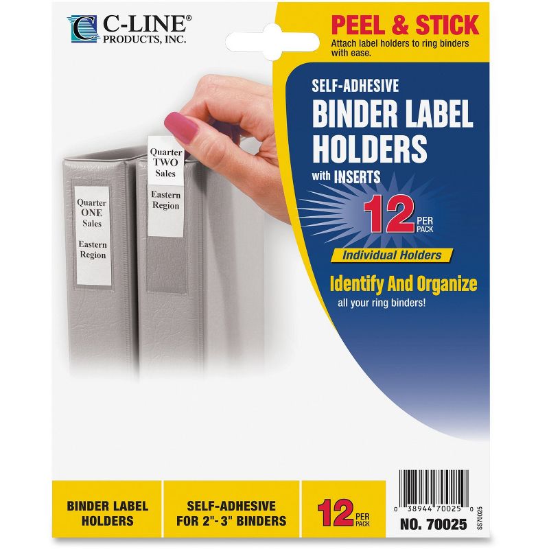 C-Line Self-Adhesive Ring Binder Label Holders Top Load 1-3/4 x 3-1/4 Clear 12/Pack 70025, 2 of 3