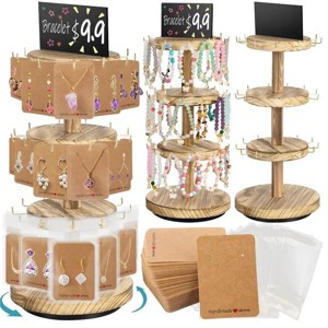 360 Rotating Earring Display Stands with 50 Earring Holder Cards and 50 Self-Seal Bags Wooden Jewelry Display Towers with 36 Hooks Necklace Bracelets - 1 of 4