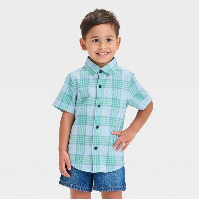 Toddler Boys' Short Sleeve Plaid Poplin Woven Shirt - Cat & Jack™ Blue/Green