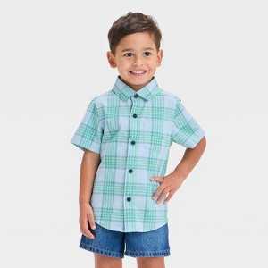Toddler Boys' Short Sleeve Plaid Poplin Woven Shirt - Cat & Jack™ Blue/Green - 1 of 3