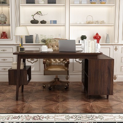 FUFU&GAGA Brown Adjustable L-Shaped Home Office Desk with Storage Drawers