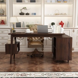 FUFU&GAGA Brown Adjustable L-Shaped Home Office Desk with Storage Drawers - 1 of 4