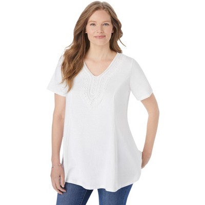 Woman Within Plus Size Rounded V-Neck Crochet Tunic