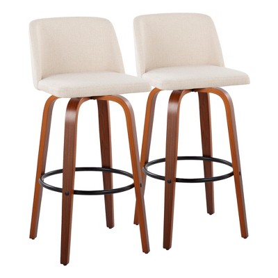 30" Fabric Padded Mid-Century Modern Barstool with Swivel and Metal Footrest on Wood Legs for Kitchen Island or Home Bar, Set of 2