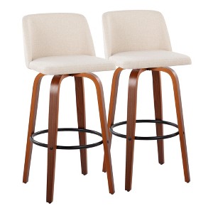 30" Fabric Padded Mid-Century Modern Barstool with Swivel and Metal Footrest on Wood Legs for Kitchen Island or Home Bar, Set of 2 - 1 of 4