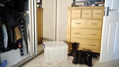 Clear Stackable Plastic Storage Bins with Blue Clip Handles, 2-Pack