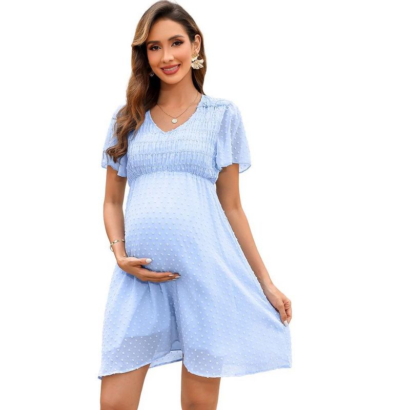 WhizMax Women's Maternity Dress V Neck Short Sleeve Swiss Polka Dot Midi Dress Summer Casual A Line Dress, 1 of 9