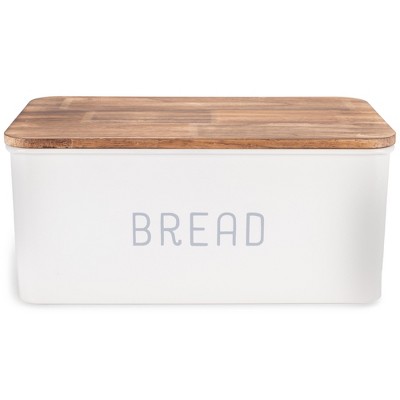 Nat & Jules Matte White 12 x 7 Metal Enamel Rubber Wood Lidded Bread Box