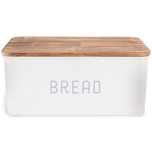 Nat & Jules Matte White 12 x 7 Metal Enamel Rubber Wood Lidded Bread Box - 1 of 4